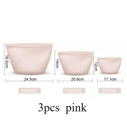 3PCS Reusable Silicone Food Storage Bags – Leakproof Ziplock Containers (500ml–1500ml)